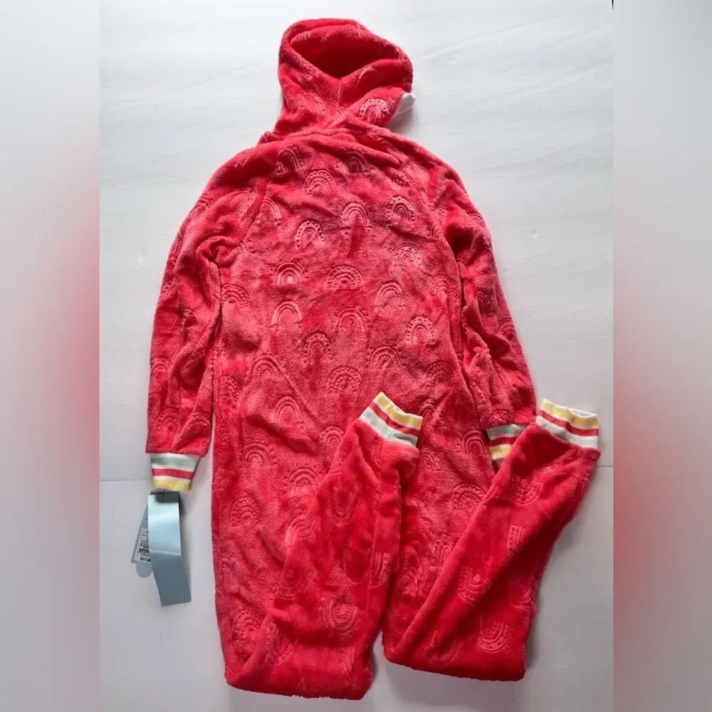 Cat & Jack Red with Rainbow Detail Hooded Sleepwear Plush Jumpsuit Size M (7/8)